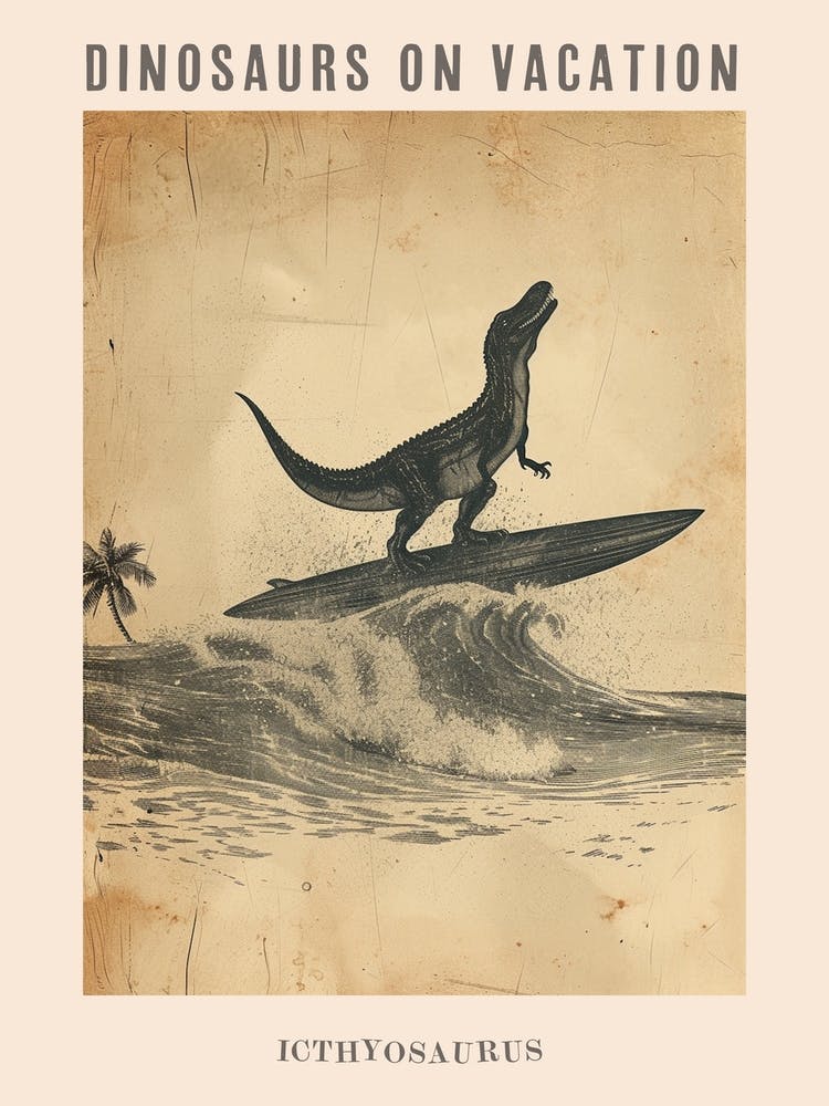 Vintage Icthyosaurus Dinosaur On A Surf Board 2 Poster