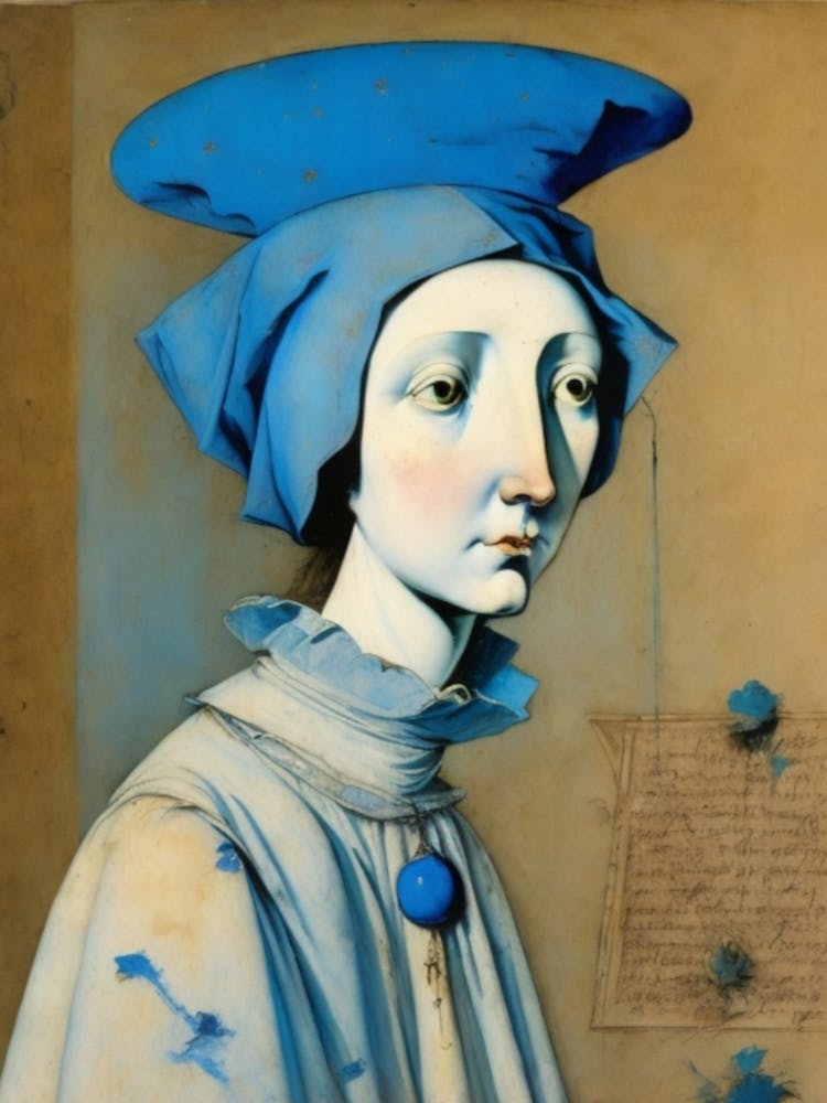 Blue thoughts, a portrait of a middle-aged woman Art print