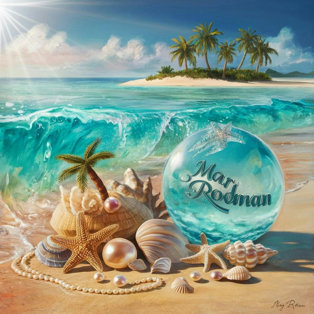 A Captivating, High Resolution Painting Of A Serene Beach Scene Featuring Crystal Clear Turquoise Waters That Gently Lap The Shore