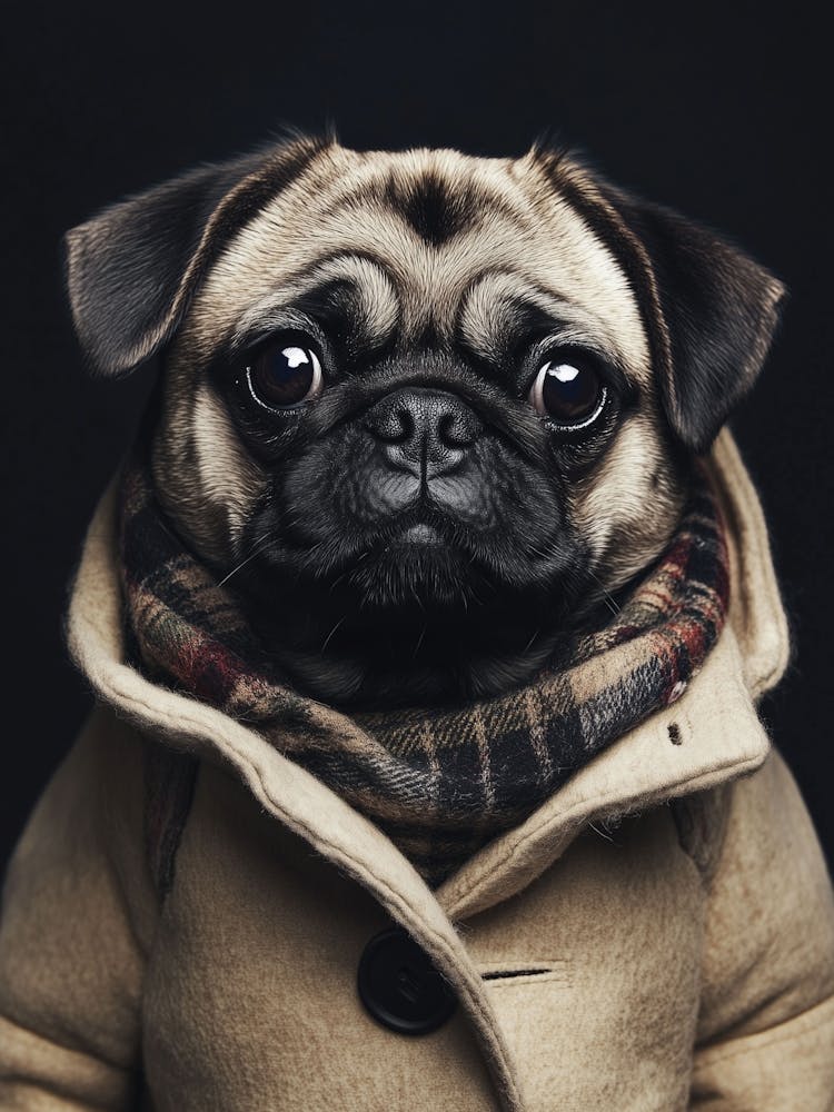 Pug In A Scarf And Winter Coat