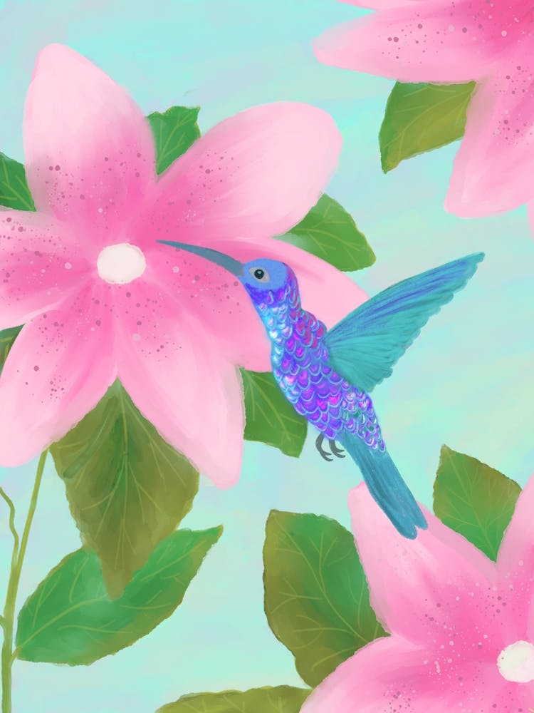 Kolibri mit rosa Blumen