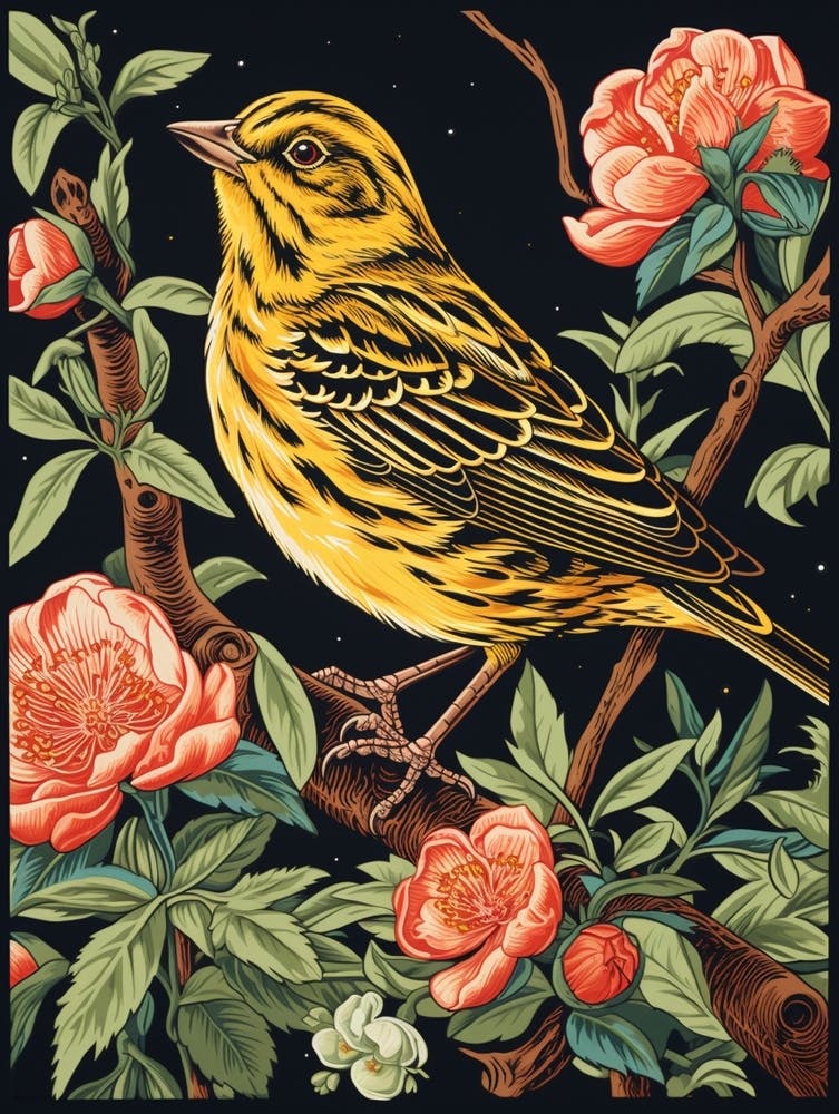 Vintage Bird Linocut Yellowhammer