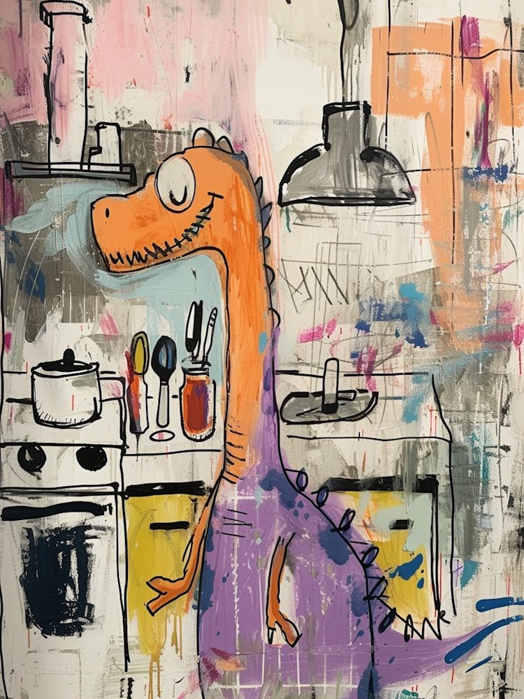 Abstraktes Lila Dinosaurier Im Graffiti-Stil In Der Küche 1