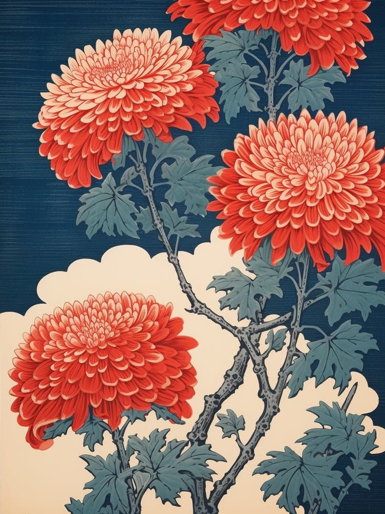 Kiku Chrysanthemum 2 Vintage Botanical Woodblock