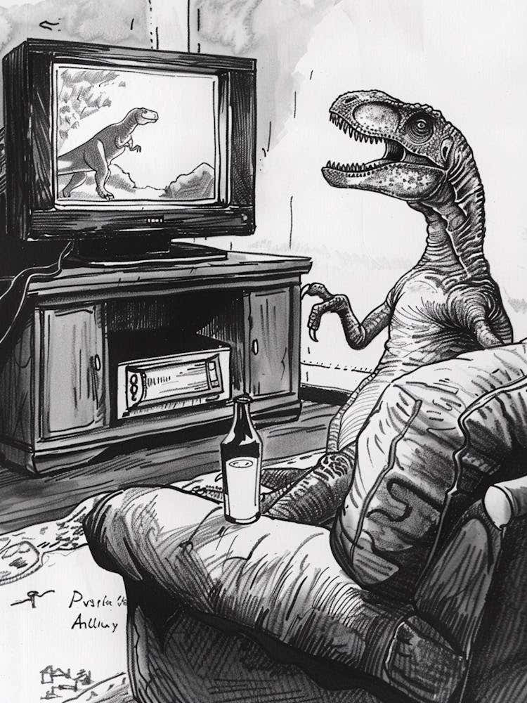 Dinosaur Watching Tv Black Sketch Illustration