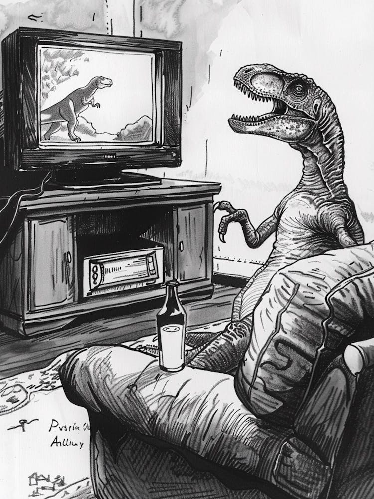 Dinosaur Watching Tv Black Sketch Illustration