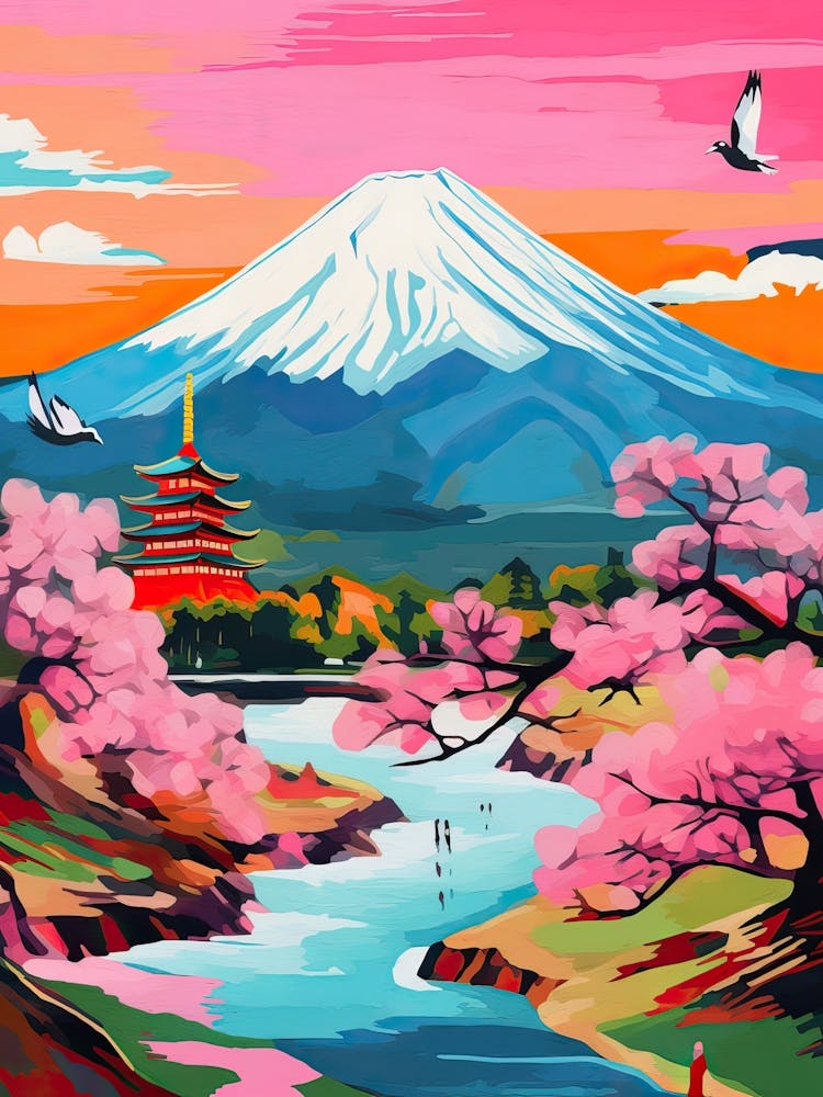Mount Fuji Japan Travel Cherry Blossoms Painting