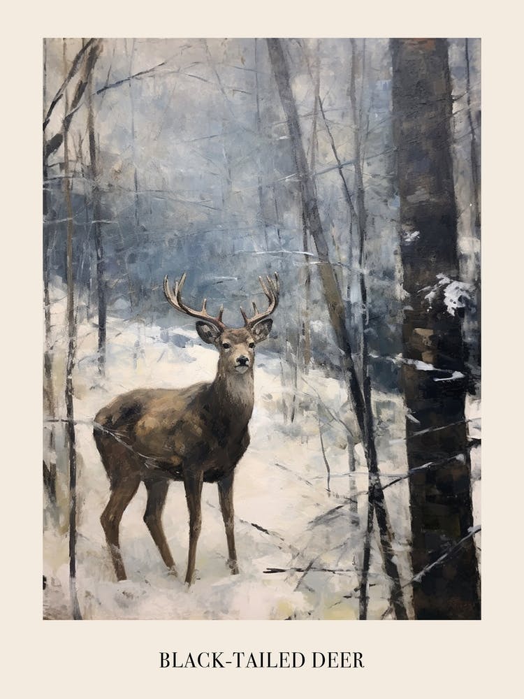 Vintage Winter Animal Painting Poster Black Tailed Deer 3