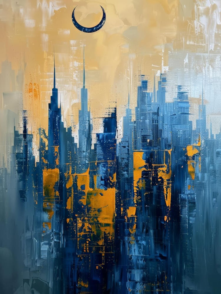 Cityscape With A Crescent Moon