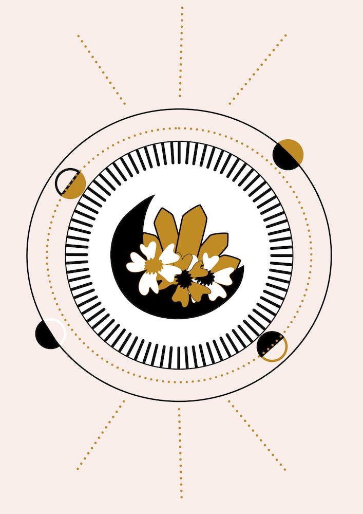 Moon Angd Flowers In A Geometrical Composition