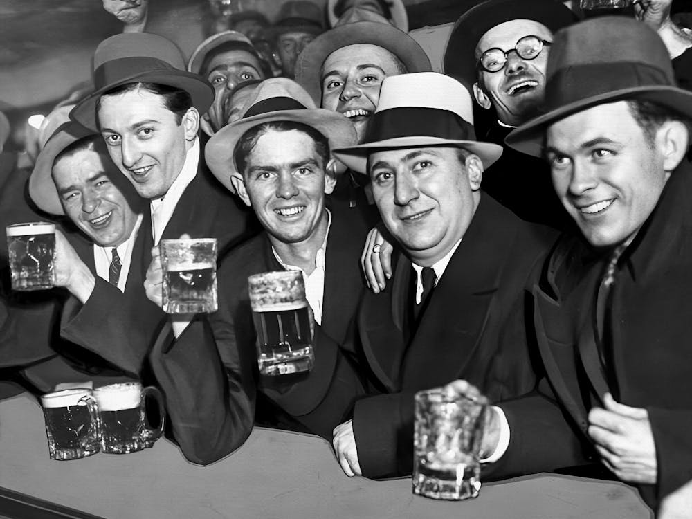 Group Of Men Drinking Beer, Prohibition, Vintage Black and White Old Photo, Bar Cart Decor
