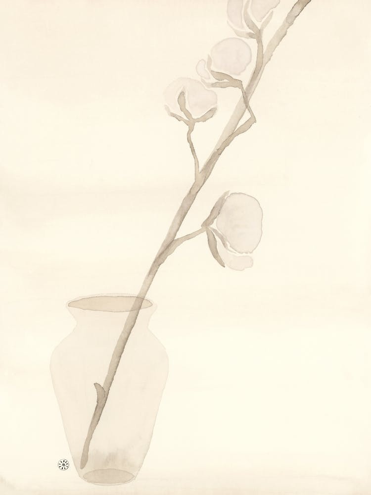 watercolor painting cotton branch vase light beige monochrome  minimal minimalist painting art bedroom office kitchen