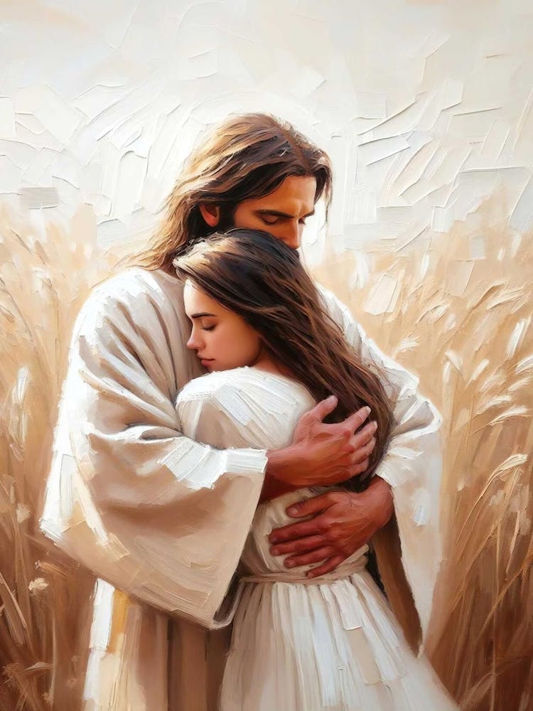 In His Arms, Christian Wall Art, Jesus Hugging Girl, Jesus Portrait, Lds Art, Bible Wall Art, Bible Parable, Christian Painting, Jesus Print