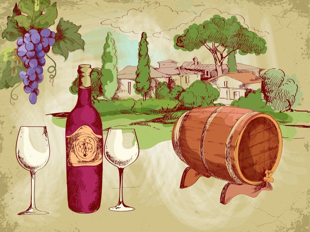 Vintage Wine Bottle And Barrel — wine poster, kitchen poster, wine print