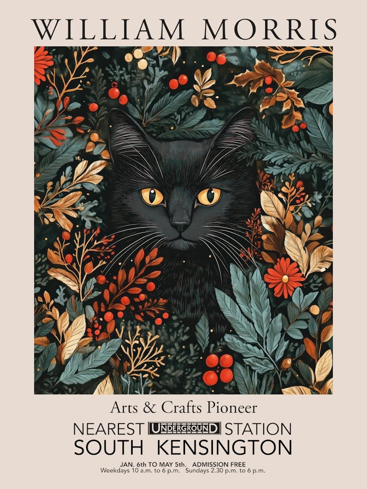 William Morris Prints Black Cat Christmas Gift Winter Vintage