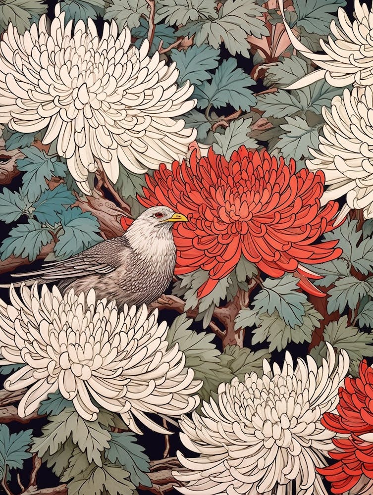 Chrysanthemum And Bird Vintage Japanese Botanical