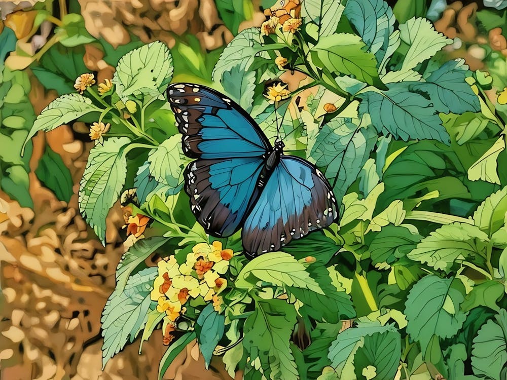 Blue Morpho Butterfly Among Flowers. A striking blue morpho butterfly elegantly rests on a cluster of yellow and orange flowers, surrounded by lush green leaves. The vivid blue of its wings contrasts beautifully with the warm, earthy tones of its environment.
