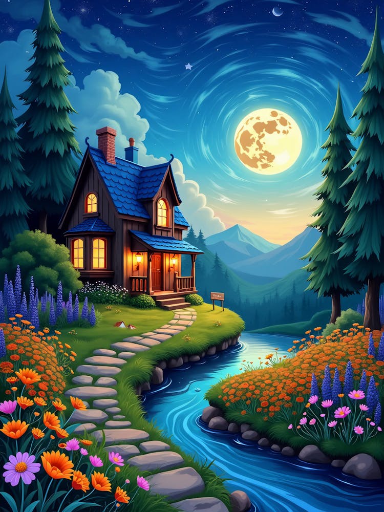 A Beautiful Wooden House Moon Night Landscape V 05