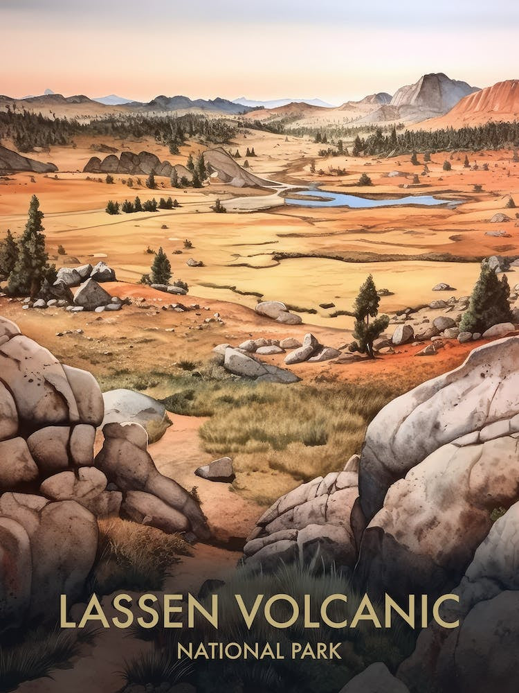 Lassen Volcanic National Park Watercolour Vintage Travel Poster 4
