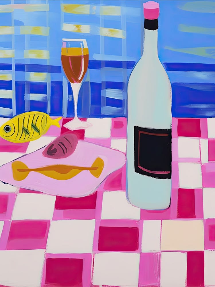 Gemälde eines Tisches mit Essen und Wein, Blick auf die Côte d'Azur, kariertes Tuch, Matisse-Stil 5