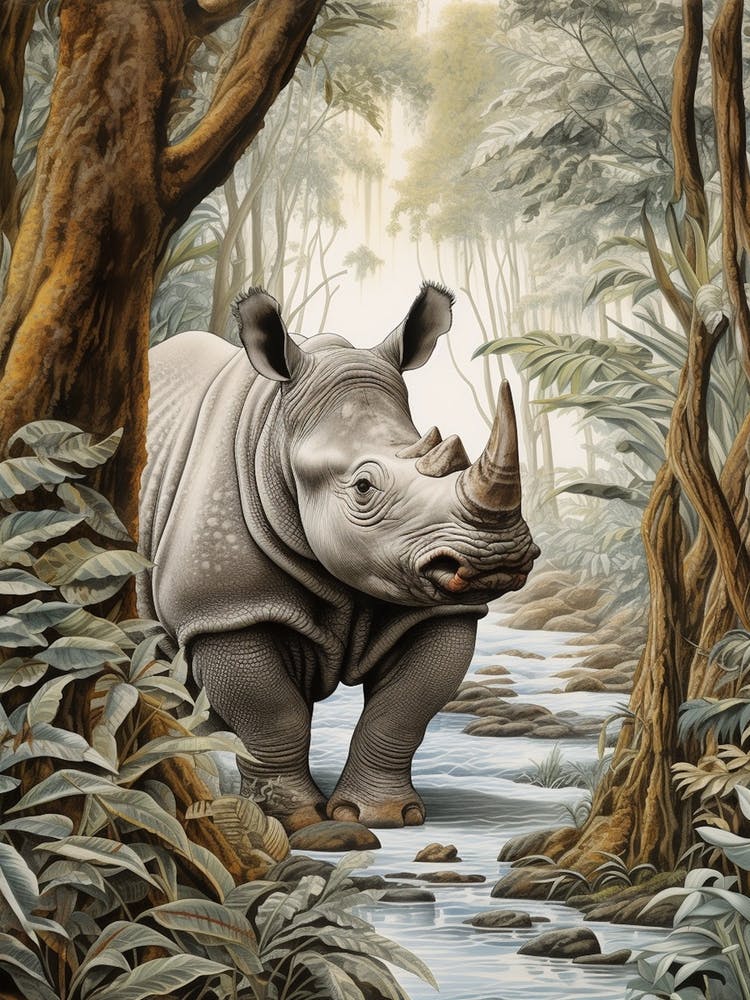 Nashorn Im Bach Tief Im Wald Realistische Illustration 1