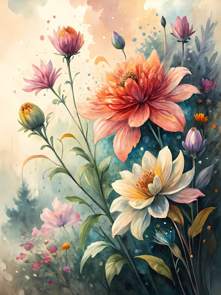 Oil Painting Style Vibrant Watercolor Flowers Abstract Floral