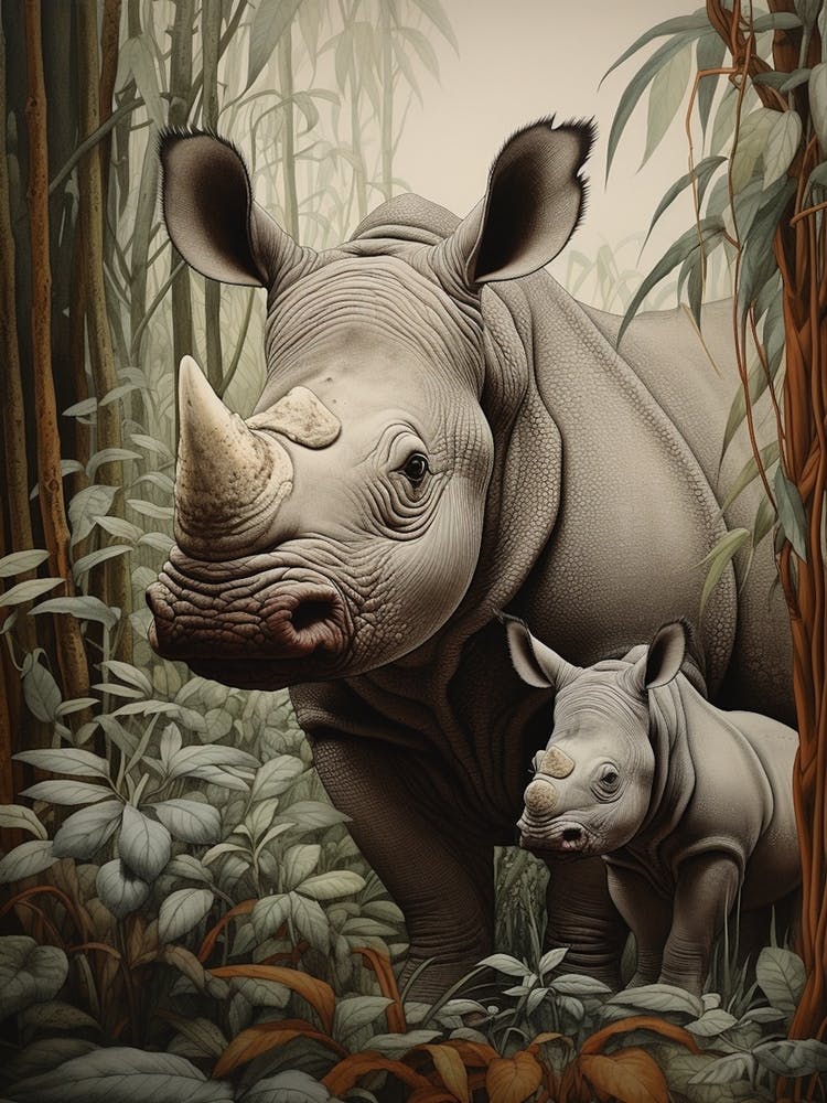 Rhino & Baby Rhino Realistic Illustration 2