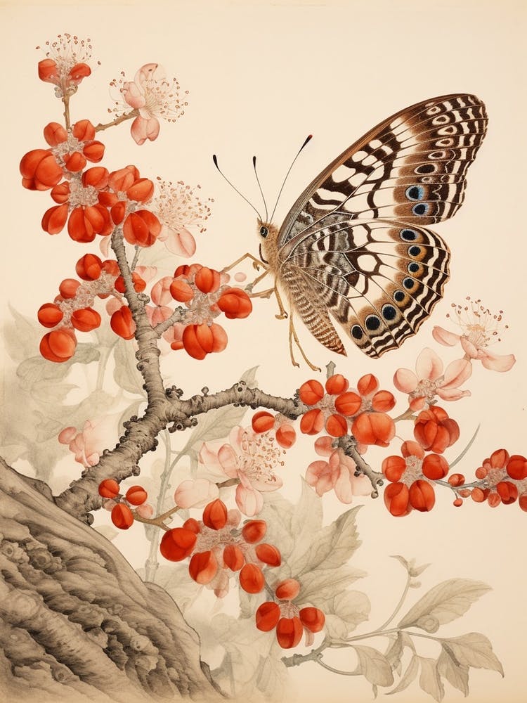 Butterfly With Cranberries Japanese Style Painting 2