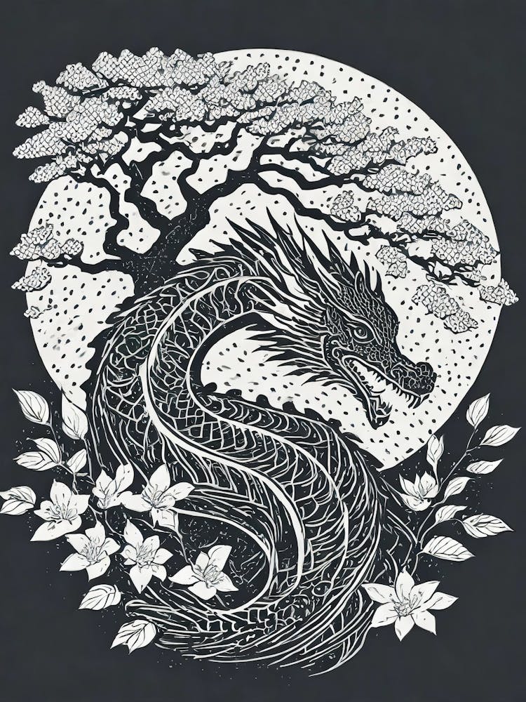 A Dragon Coiled Around A Cherry Tree Ukiyo-E Style