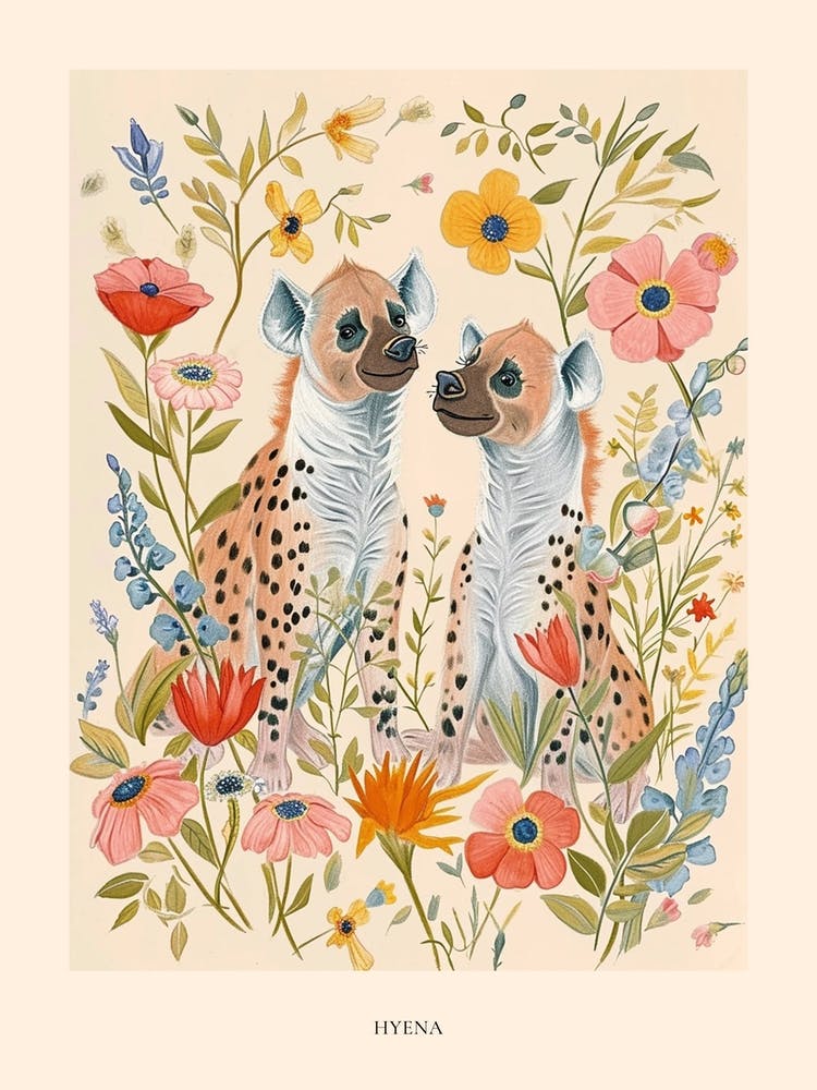 Folksy Floral Animal Drawing Hyena 3 Poster
