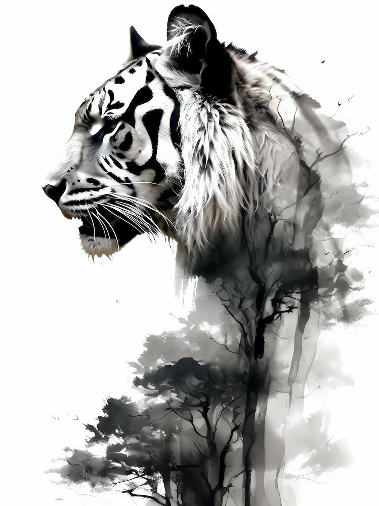 Tiger Black and White Watercolor Ink