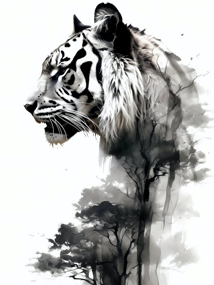 Tiger Black and White Watercolor Ink