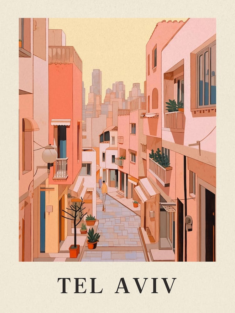 Tel Aviv Israel 7 Vintage Pink Travel Illustration Poster