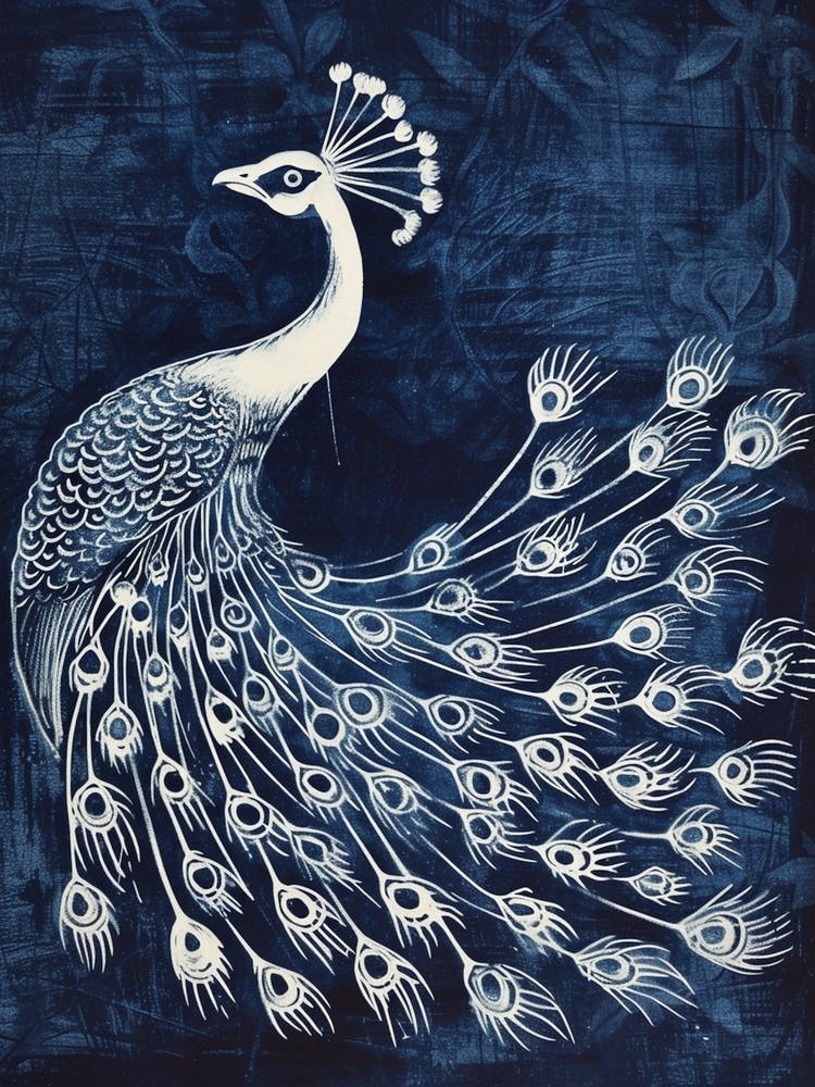 Linework Peacock Feathers Navy Blue