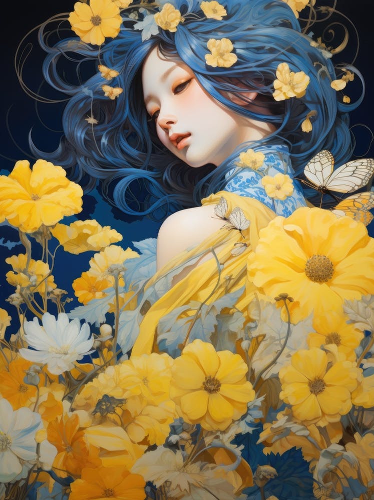 Mädchen Mit Blauen Haaren Und Gelben Blumen