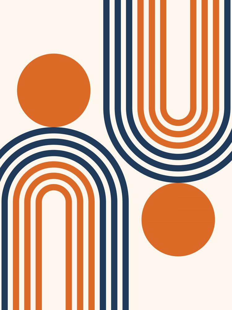 Mid Century Modern Geometric in classy navy blue orange (Rainbow and Sun Abstract Design)