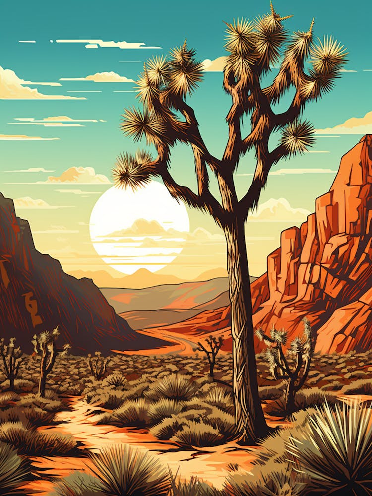 Retro Illustration Of A Joshua Trees In Mountains 1