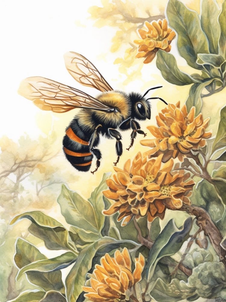 Brown Belted Bumble Bee Beehive Watercolour Illustration 2