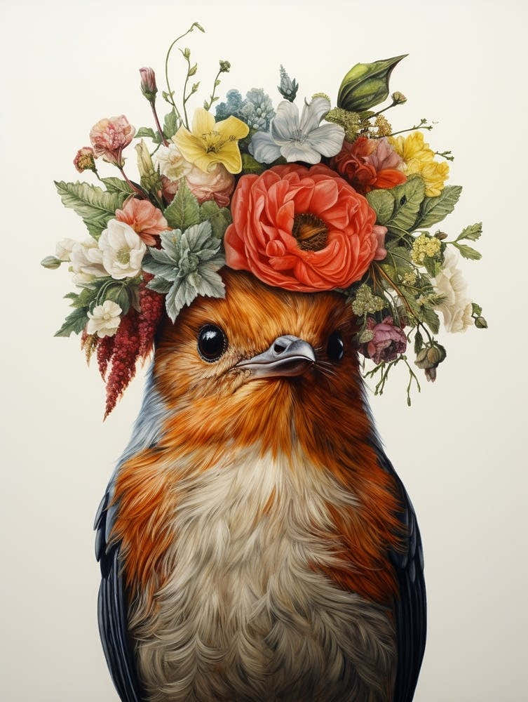 Bird With A Flower Crown European Robin 4