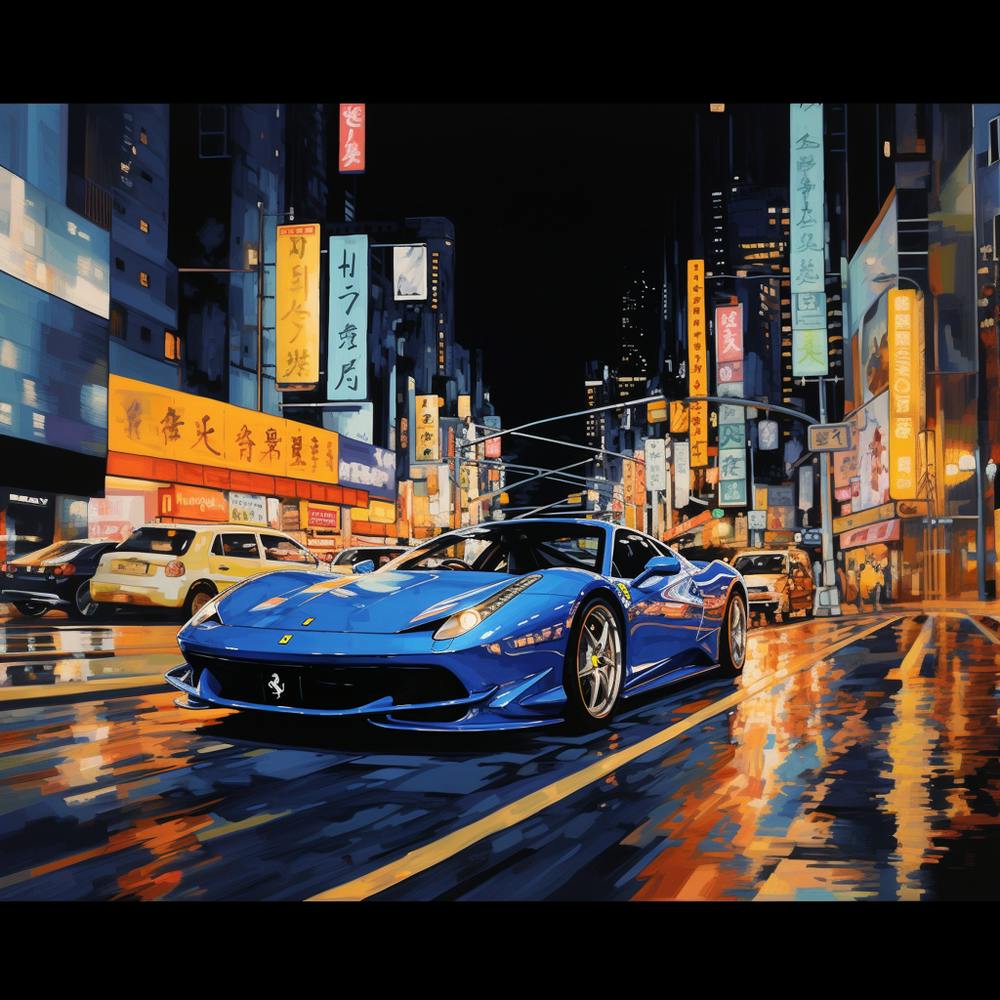 Blue Ferrari in the city