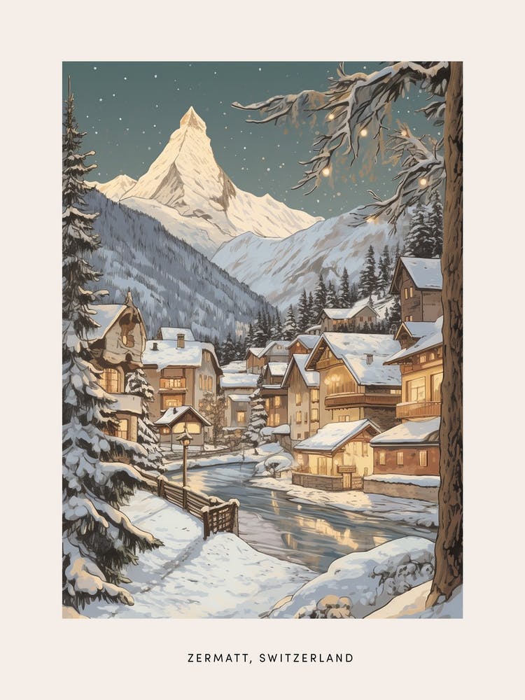 Vintage Winter Poster Zermatt Switzerland 3