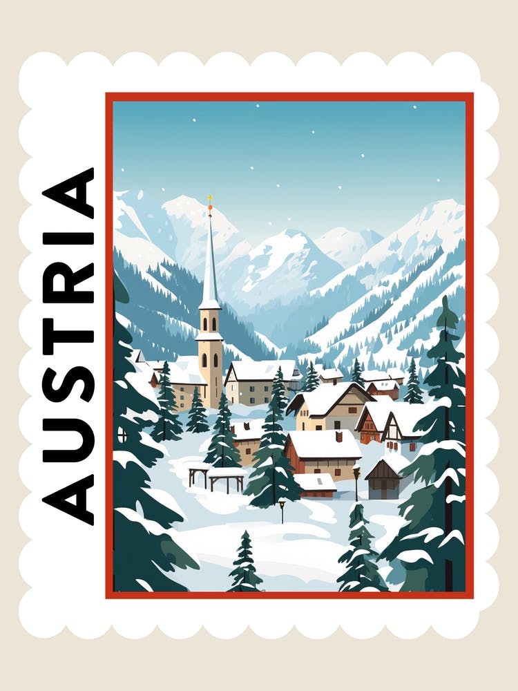 Retro Winter Stamp Poster Hallstatt Austria 4