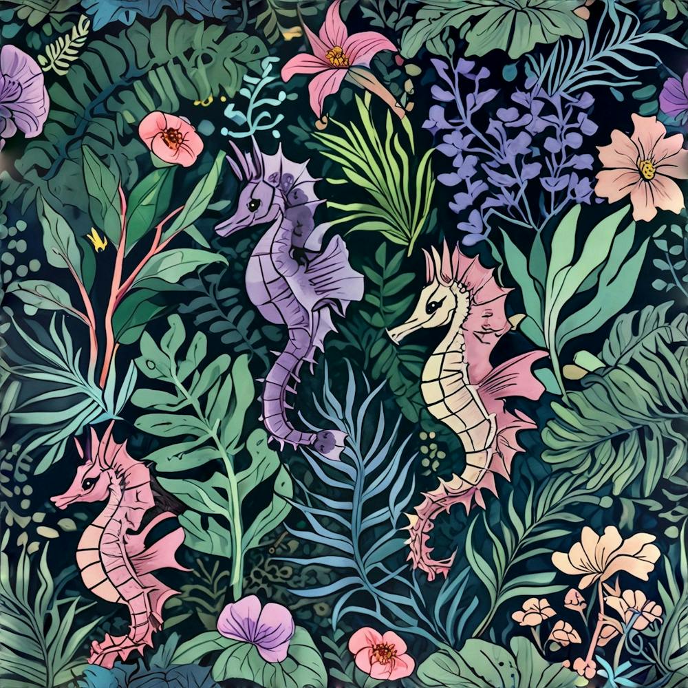 Dark Bright Playful Seahorses Pattern