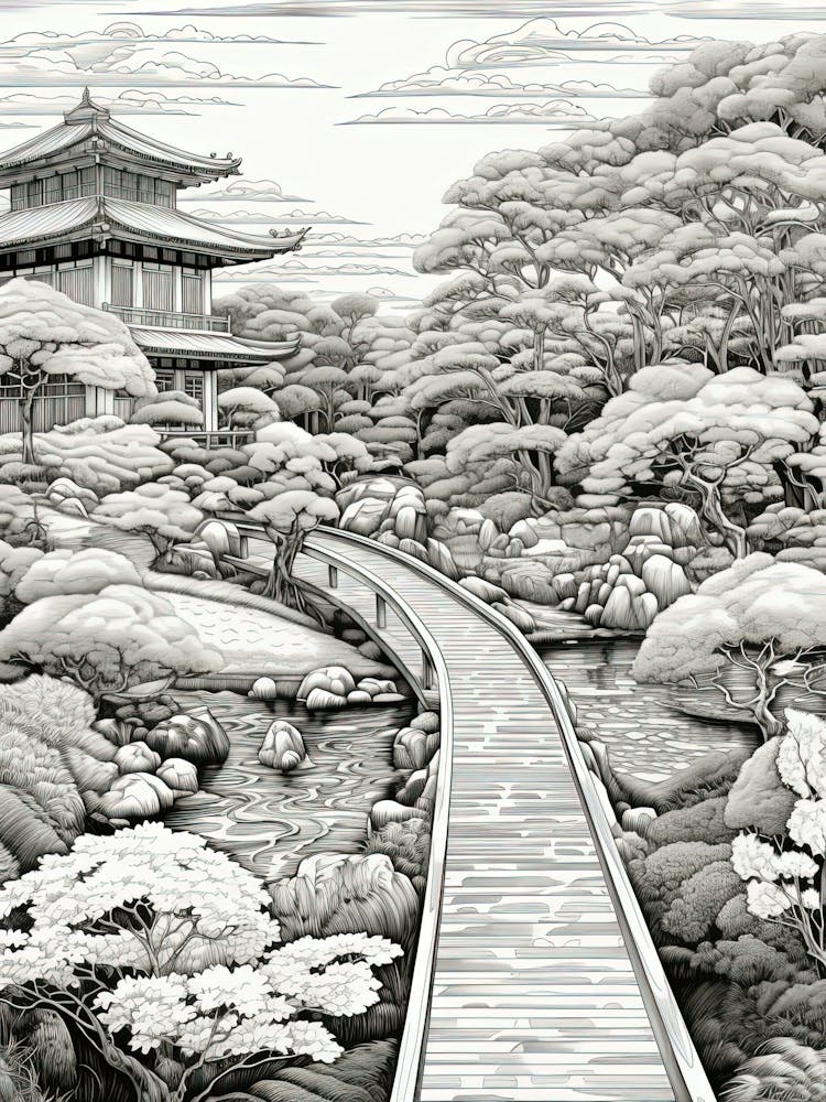 Ritsurin Garden In Kagawa, Ukiyo E Black And White Line Art Drawing 4