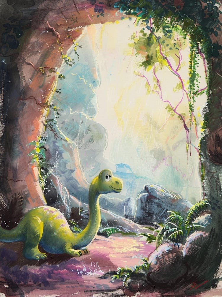 Dinosaur Sheltering From The Rain Storybook Style 3