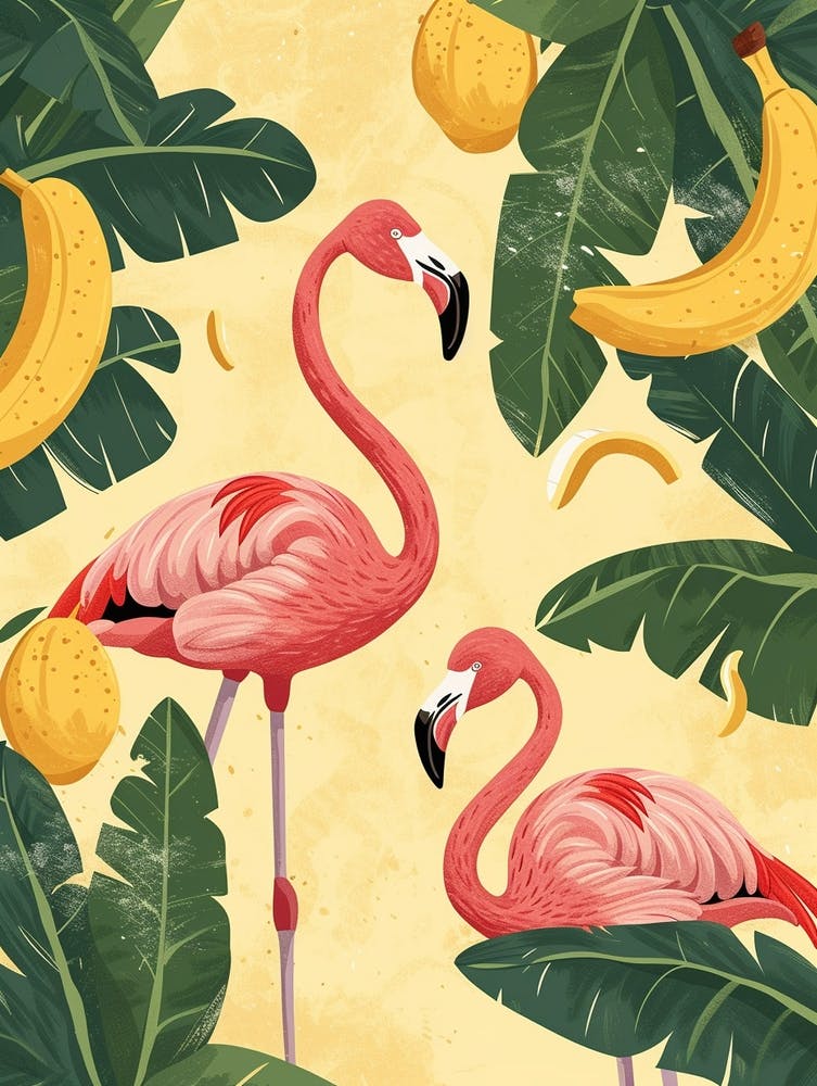 Lesser Flamingo And Banana Plants Minimalist Illustration 2