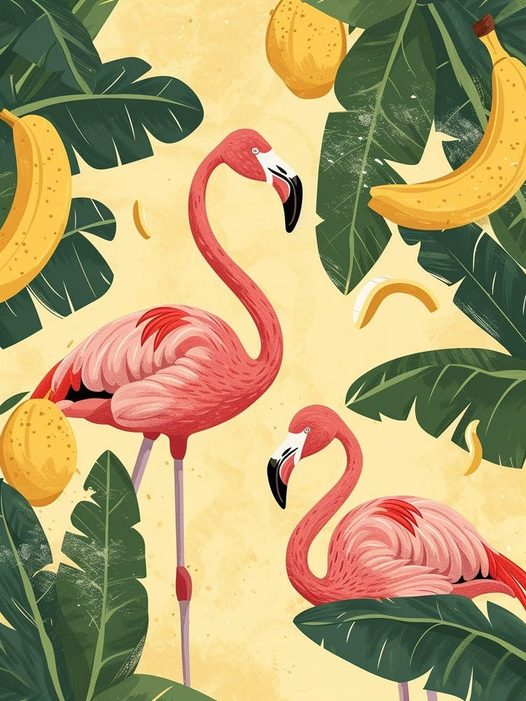 Lesser Flamingo And Banana Plants Minimalist Illustration 2