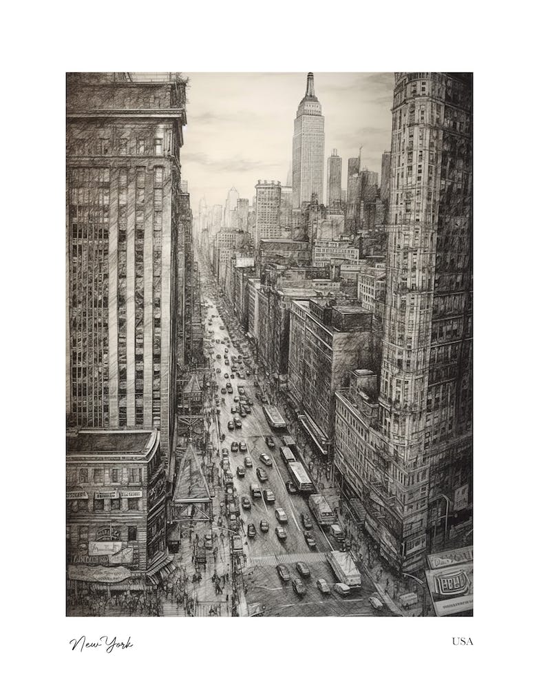 New York Usa Pencil Sketch 3 Watercolour Travel Poster