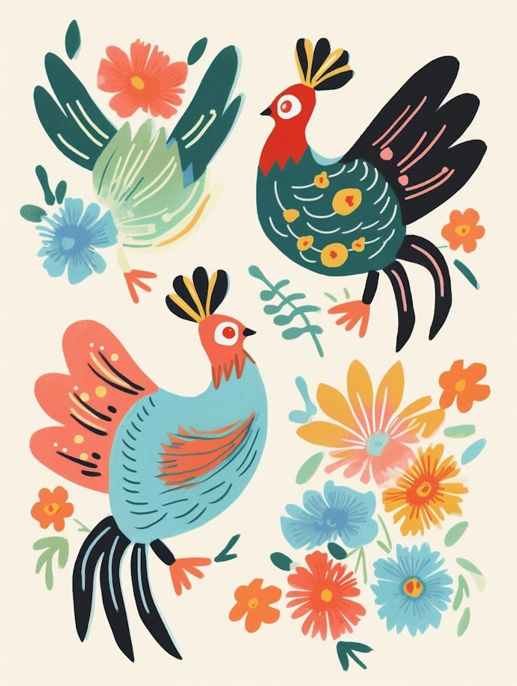 Peinture d'oiseau style folklorique Coq 2