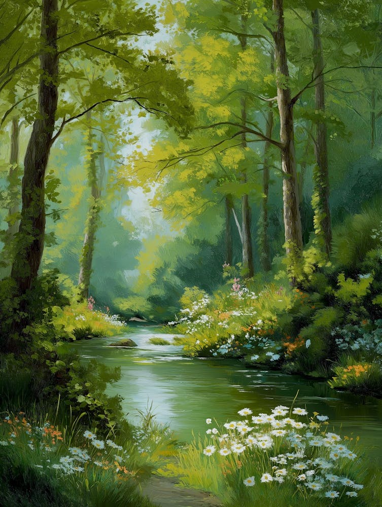 Sunlit Forest Glade Watercolor Painting Peaceful Nature Scene, Lush Greens, Earthy Colors, Wildflowers